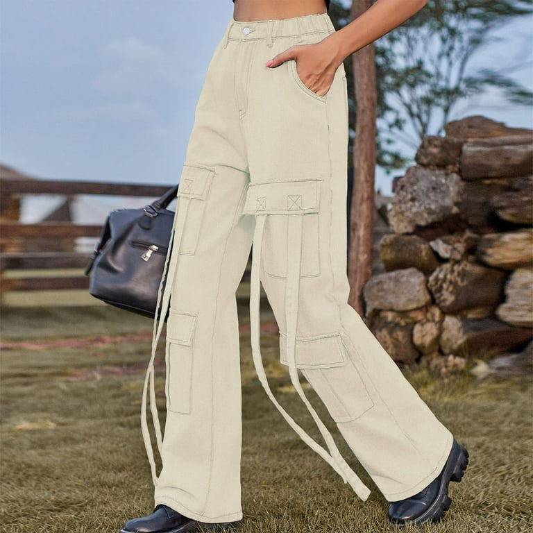 VSSSJ Denim Pants for Women Oversized Fit Retro Ribbon Design Solid Color  Button High Waist Straight Pants Fashion Versatile Washed Jeans Khaki S