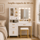 thumbnail image 4 of Zocalo Tocador con Espejo Iluminado y Taburete, Tocador de Maquillaje con Estación de Carga Integrada, 3 Cajones, 3 Puertas y 2 Repisas Abiertas, 110 x 40 x 141 cm, Blanco, 4 of 11