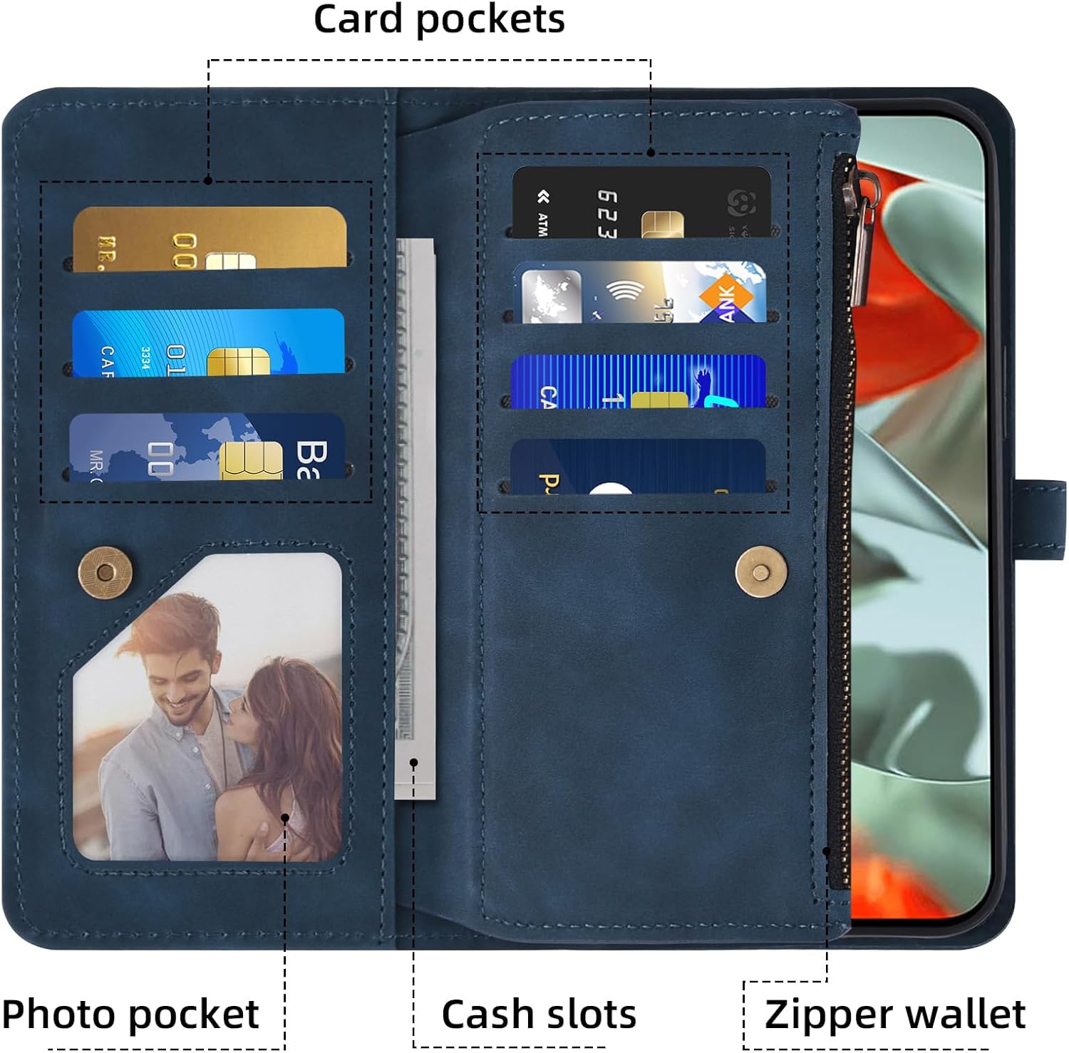 Asuwish Phone Case for Google Pixel 9 Pro XL Wallet Cover With Tempered Glass Screen Protector Crossbody Wrist Strap Flip Pattern Zipper Credit Card Holder Cell Pixel9 9Pro 9ProXL Nine Women Men Blue