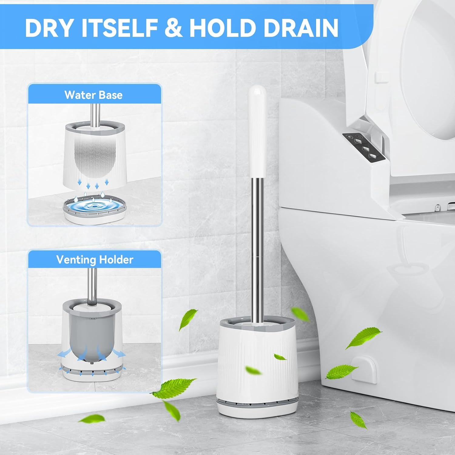 Toilet Brush and Holder Set, Bristle Brush Head with Ventilated Holder, Wall Mounted Compact Set for Bathroom Cleaning (White)