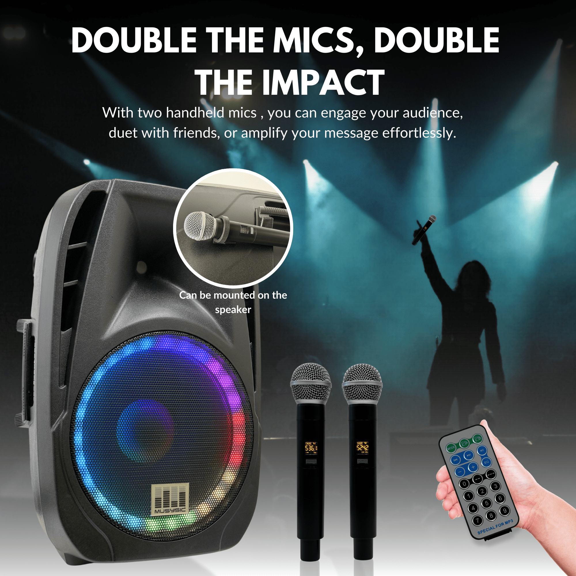 MUSYSIC MU‑U15PA Professional 15" Portable PA System – 2000W Peak, Dual UHF Wireless Microphones, Bluetooth, USB, FM Radio, Rechargeable Battery, Remote Control