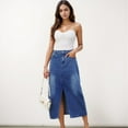 thumbnail image 4 of Women's High Waist Denim Midi Skirt with Front Slit Detail and Faded Wash Finish - Medium, Blue, 4 of 7