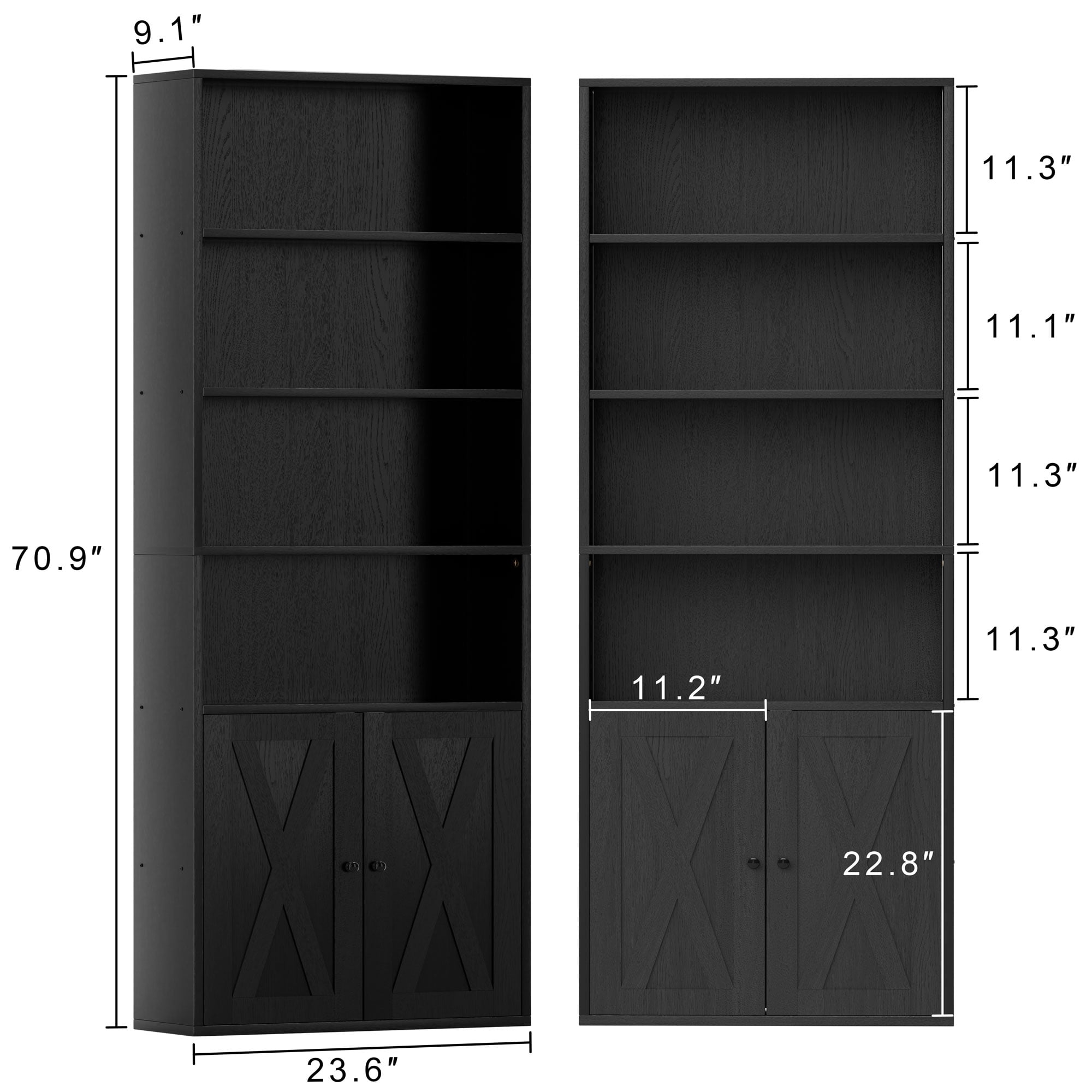 Walsunny 2PCS Bookcase with Doors, 6-Tier Bookshelf with Storage, Farmhouse Bookshelves with Cabinet, Storage Display Shelf for Living Room Home Office, Black