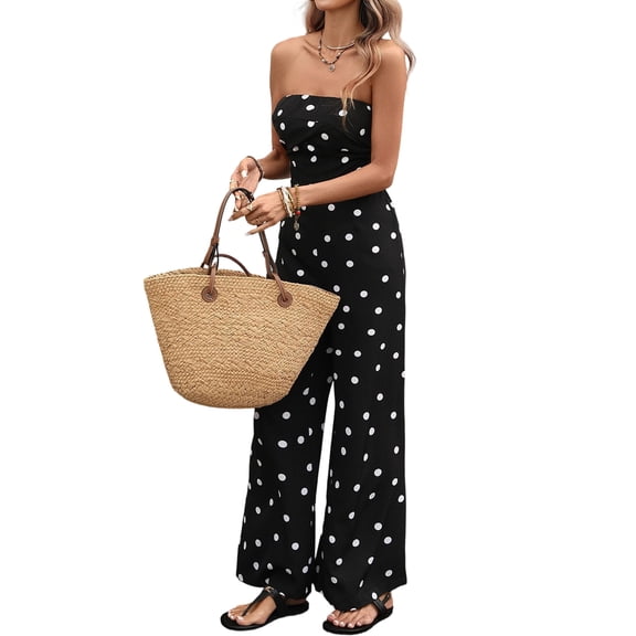 Jumpsuits for Women Strapless Smocked Casual Rompers Long Pants Vacation Summer Outfits Black S