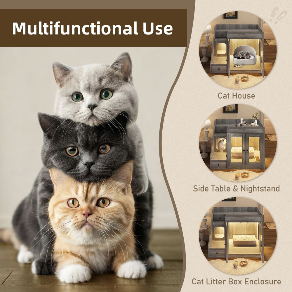 LUMAMIN Cat Litter Box Enclosure with Light, Hidden Litter Box Enclosure Furniture with 2 Drawers, Indoor Cat House Washroom End Table for Cats, Gray