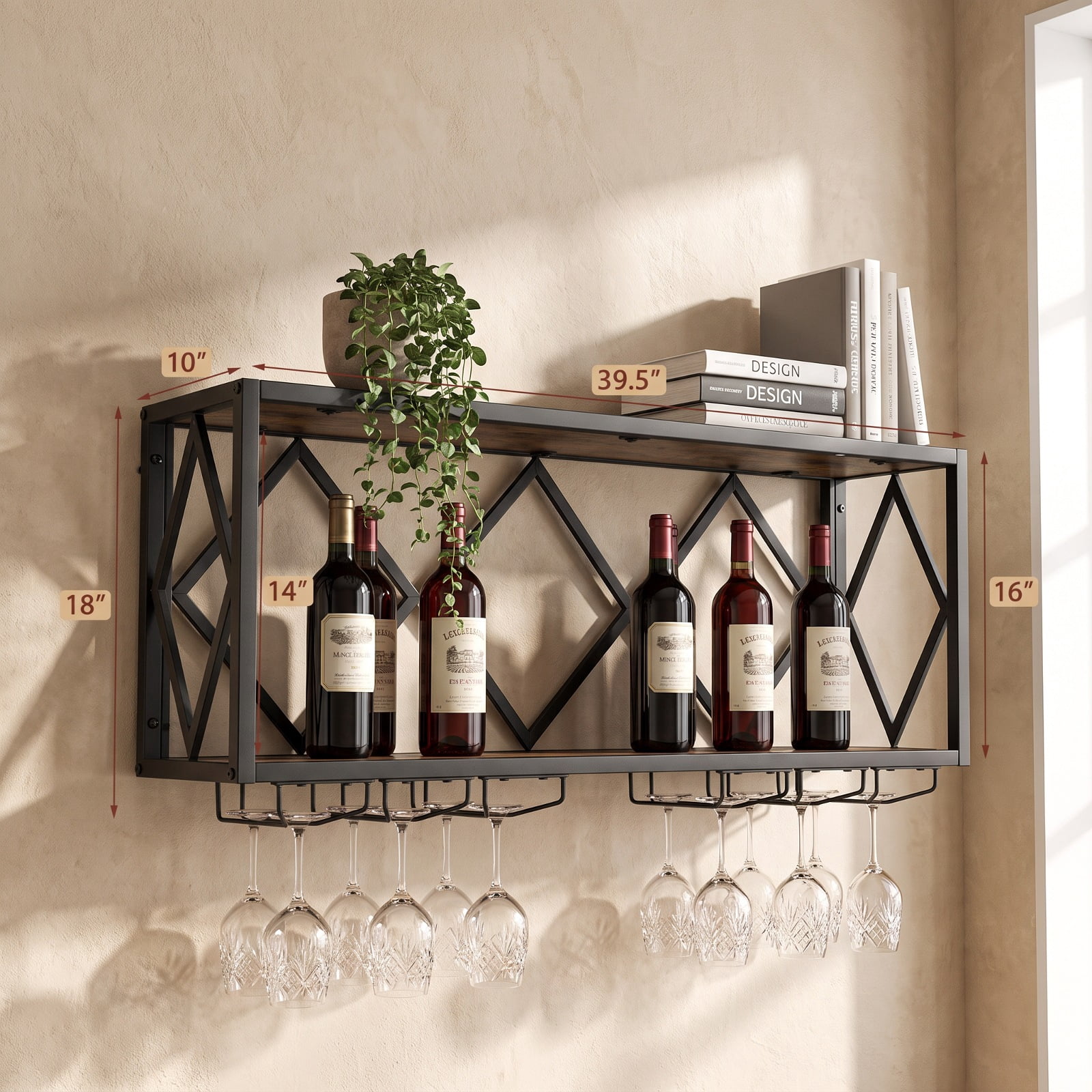 RUIE Wall Mounted Wine Rack for 39 Bottles and 12 Glasses, Metal Wood Hanging Wine Bottle Holder with Stemware Rack for Kitchen - Rustic Brown Black