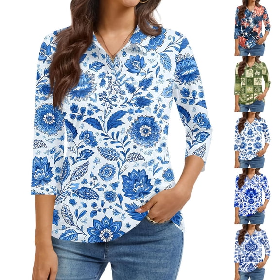 Women's 3/4 Sleeve Button Up Shirt with Lapel Collar and Floral Print, Casual Fashion Top for Daily Wear, Lightweight Summer Blouse Blue L