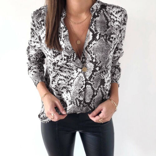 knude Underholde Ældre Fashion Women Snakeskin Print Long Sleeve leopard Blouse Summer Ladies Deep  V Neck Work Button Shirt Loose Casual Tops | Walmart Canada