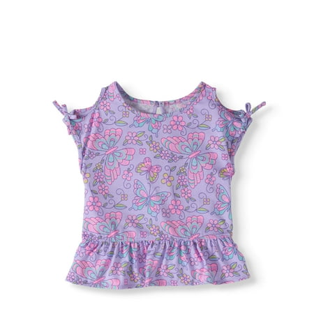 Blue Toddler T-shirt - Toddler Girl Cold Shoulder Printed Peplum T-Shirt