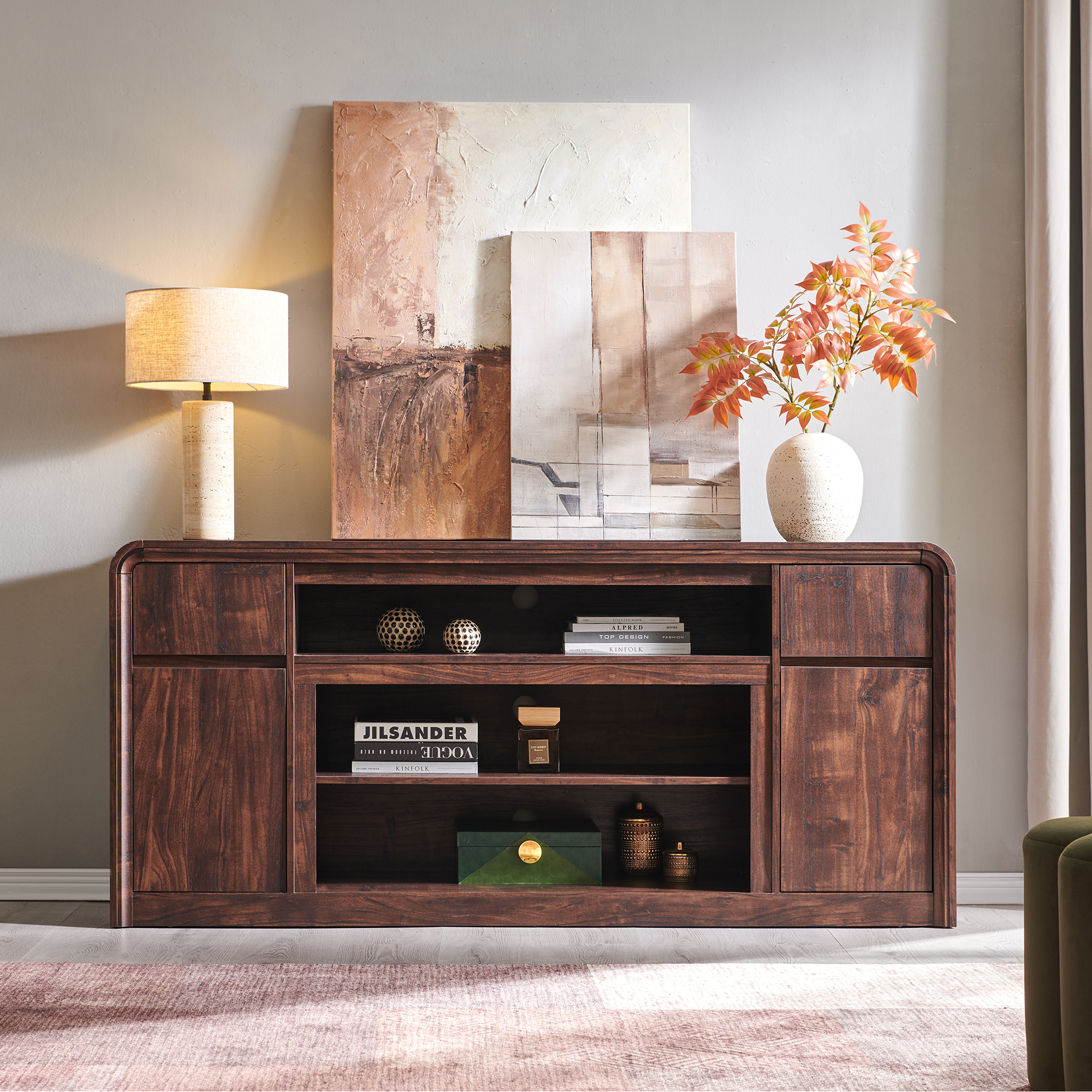 70" Modern TV Stand for TVs Up to 80 inch, 32" Tall Entertainment Center, Wood Media Console & Adjustable Shelves for Living Room, Curved Profile Design