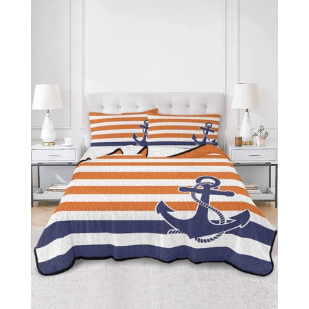 Quilts Twin Size Anchor Orange Soft Comforter Bedding Set for Bed Modern Navy Blue White Striped Nautical Lightweight Quilted Bedspread with Pillow Cover(2 Pieces) for All Season 68x86 Inch