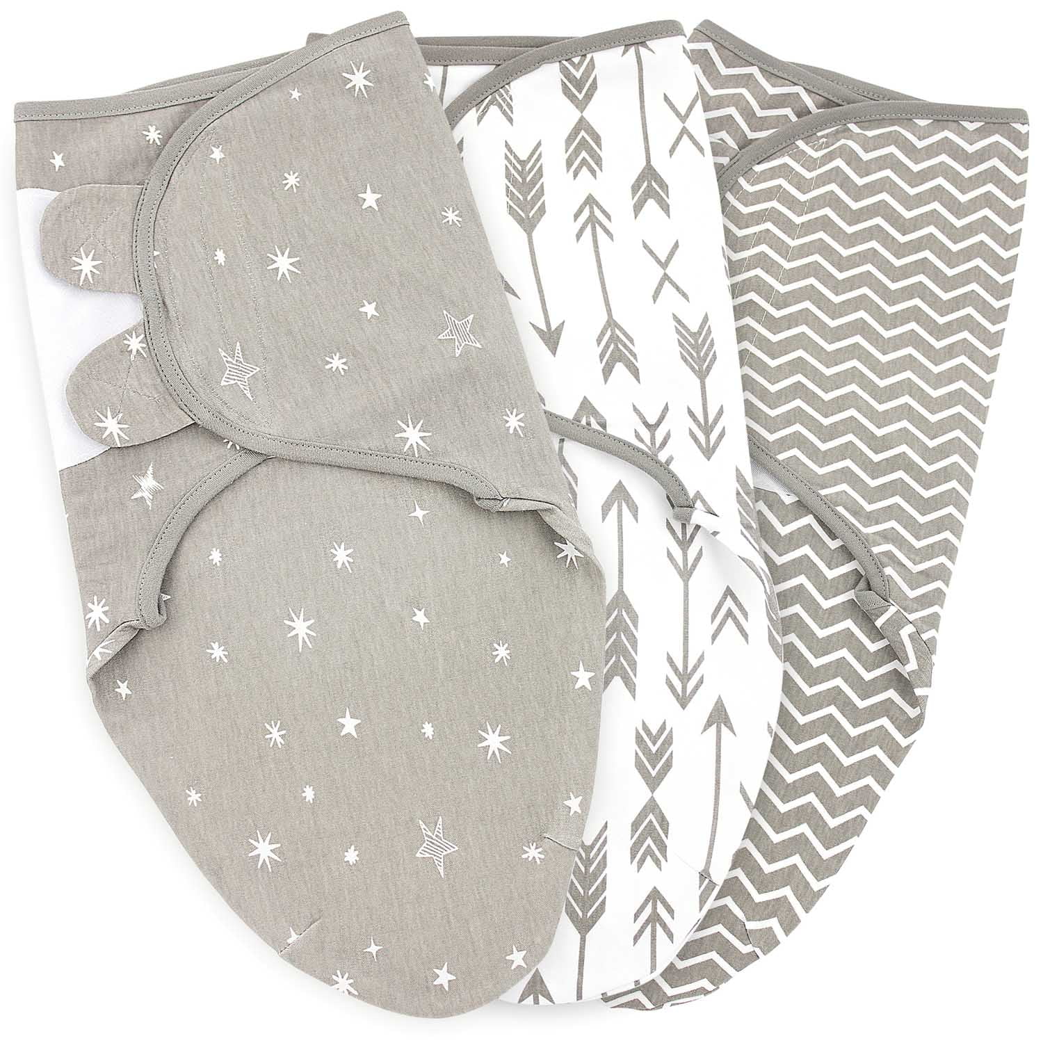 Baby Swaddle Blanket Wrap for Newborn & Infant 0-3 Months 100% Breathable Cotton Swaddlers Sleep Sack with Adjustable Wings Grey 3 Pack Swaddling Blankets for Boys and Girls