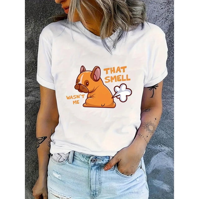 Camisetas con gráficos clásico para mujeres y adolescentes y niñas, playera de verano con estampado estéticoCreative English Bulldog Printed T-Shirt for Women, Casual and Trendy Crew Neck Short Slee
