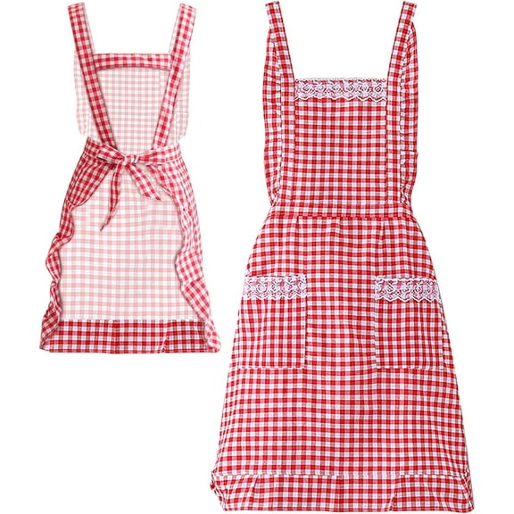 Women Classic Vintage Apron, Red and White Gingham Cotton Apron, Home Kitchen Chef Bib