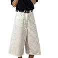 thumbnail image 3 of Jean Pants For Womens Liweisiy Wide Leg Palazzo Solid Color Capri Loose Pants Trendy Casual Denim Trousers White S, 3 of 7