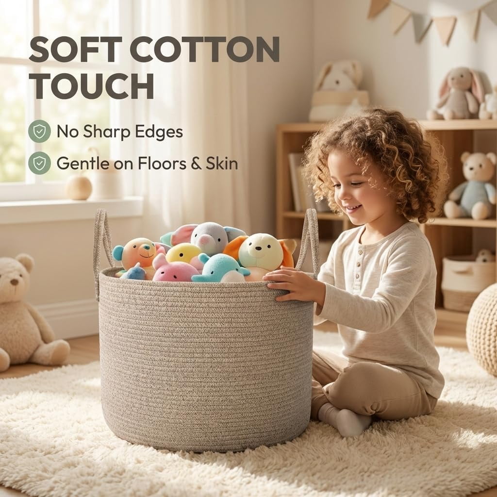 65L Extra Large Blanket Basket for Living Room - Woven Cotton Rope Laundry Hamper with Reinforced Handles - Storage Bin for Pillows, Comforters & Toys - Machine Washable,Oatmeal