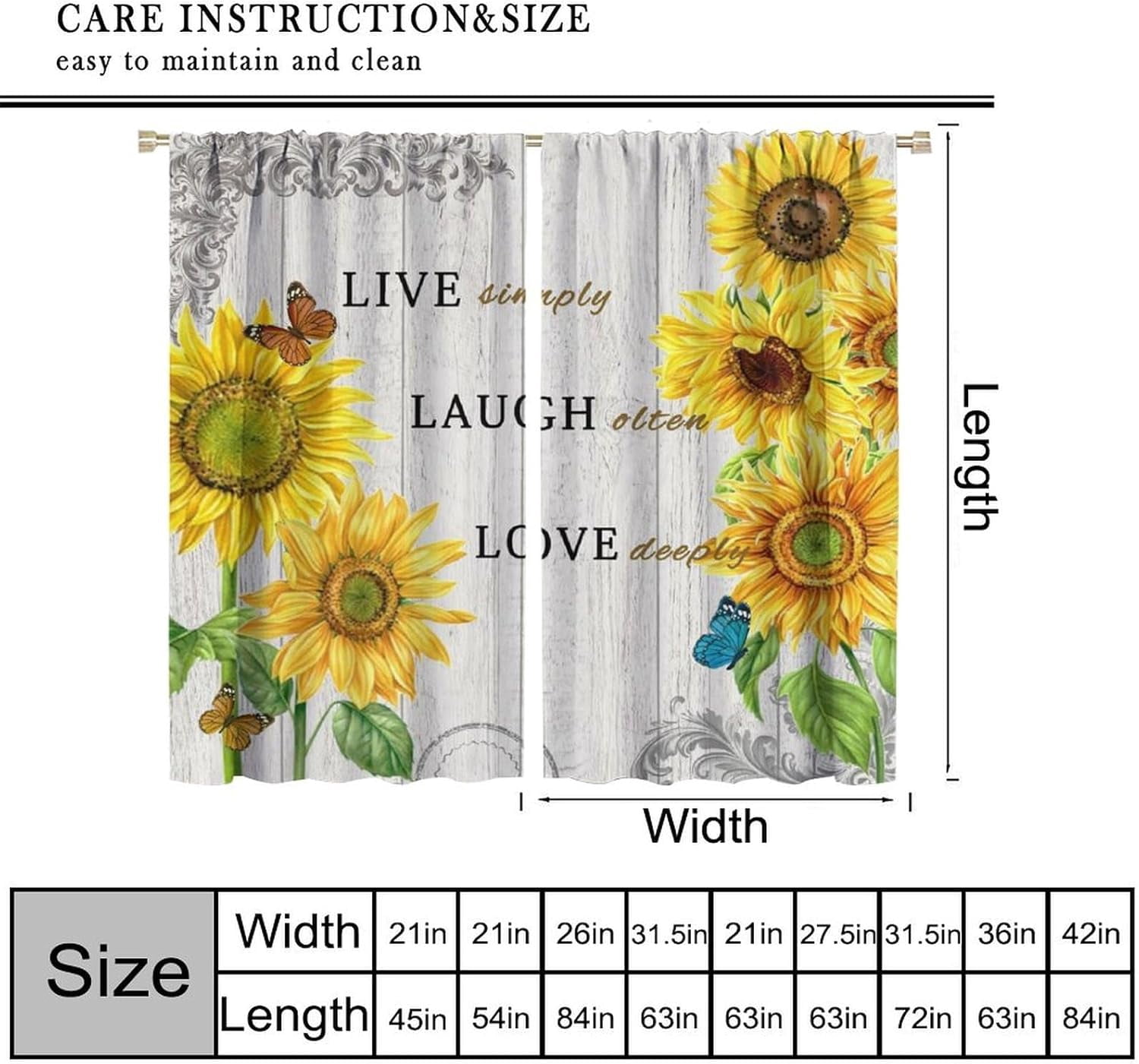 Vintage Sunflower Blackout Curtains for Kitchen,Rustic Wooden Green Spring Nature Plants Butterflies Sunshine Flowers Window Drapes Print for Kids Girls Bedroom Bathroom Living Room 42x54in
