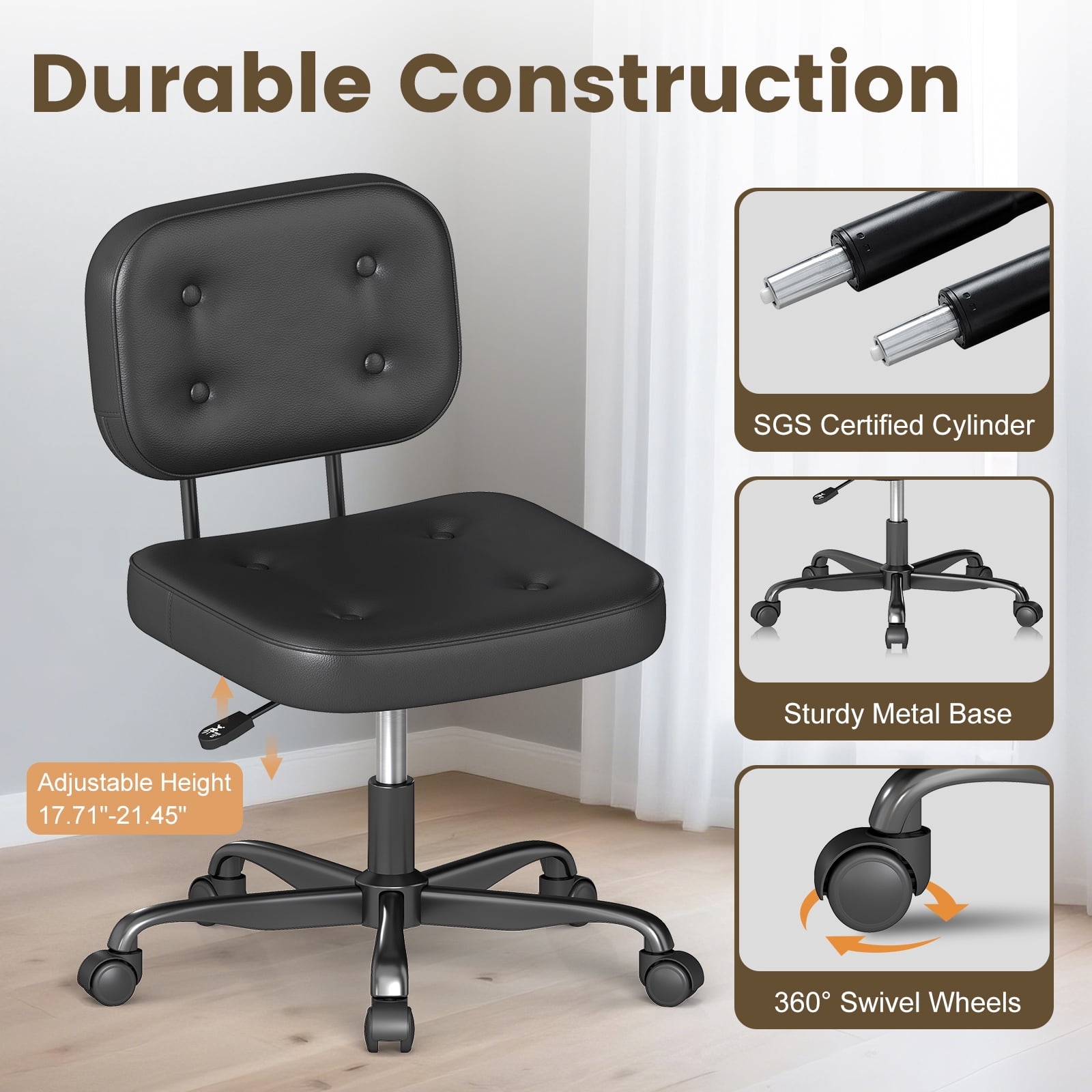 YERAIRR Armless Office Chair with Wide Seat,Home Computer Desk Chair Thickened Cushion PU Leather Swivel Upholstered Vanity Chair