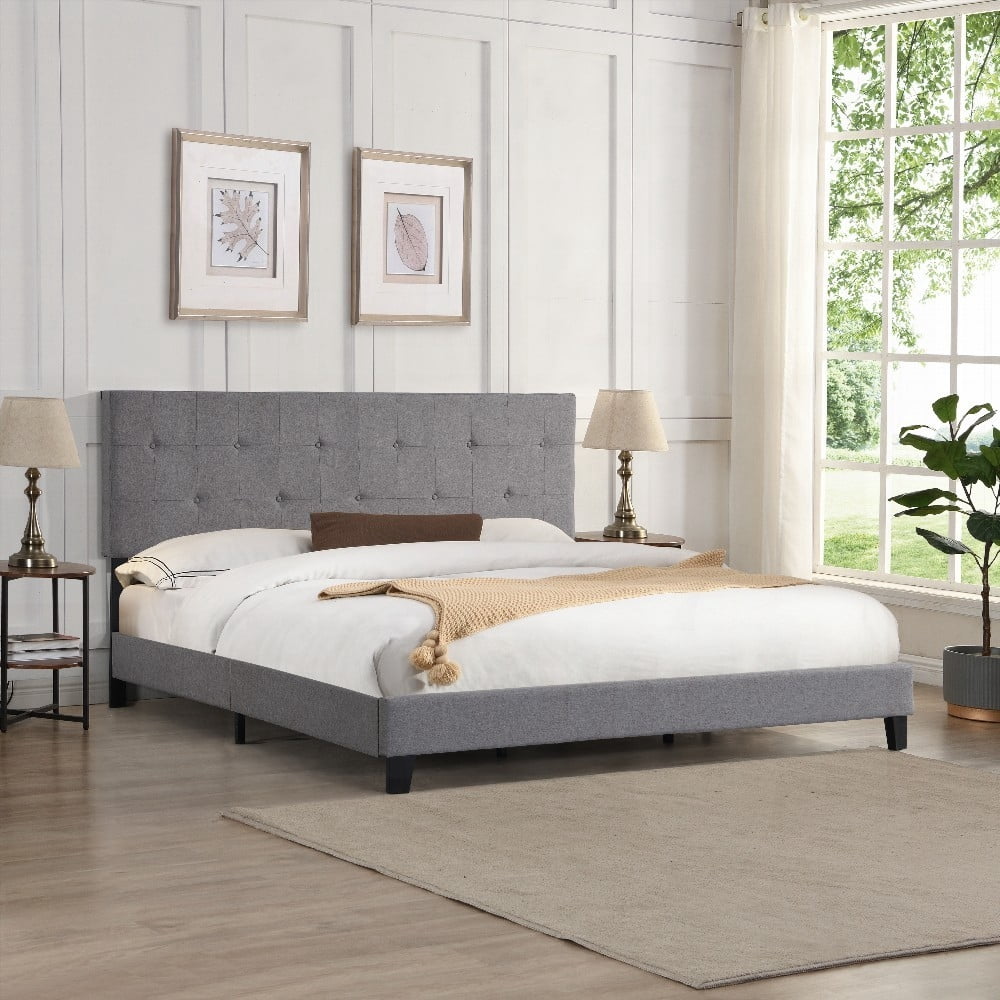 Modern King Size Bed Frame with Button Tufted Headboard, Easy Assembly, No Box Spring