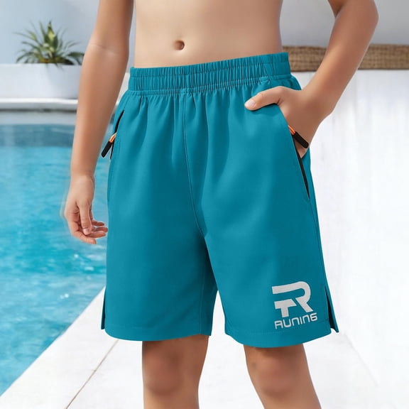Maqroz Athletic Shorts for Boys Elastic Waist Mid Thigh Athletic Short Pants Solid Color Breathable Bottoms Summer Outdoor Sports Outfits with Pockets, Size 10-11Years