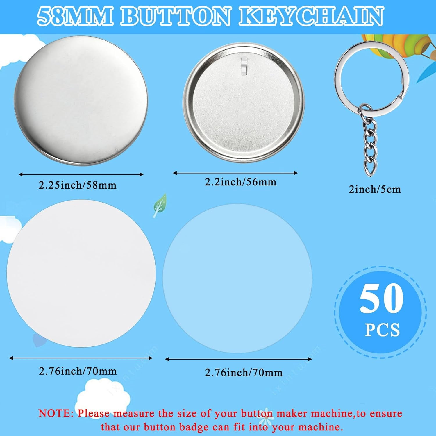 250Pcs Button Maker Keychain Supplies, 50 Sets 58mm Metal Keychain Making Supplies for Button Maker Machine, Badge Sets with Metal Shell Back Cover Transparent Film Blank Paper Chain