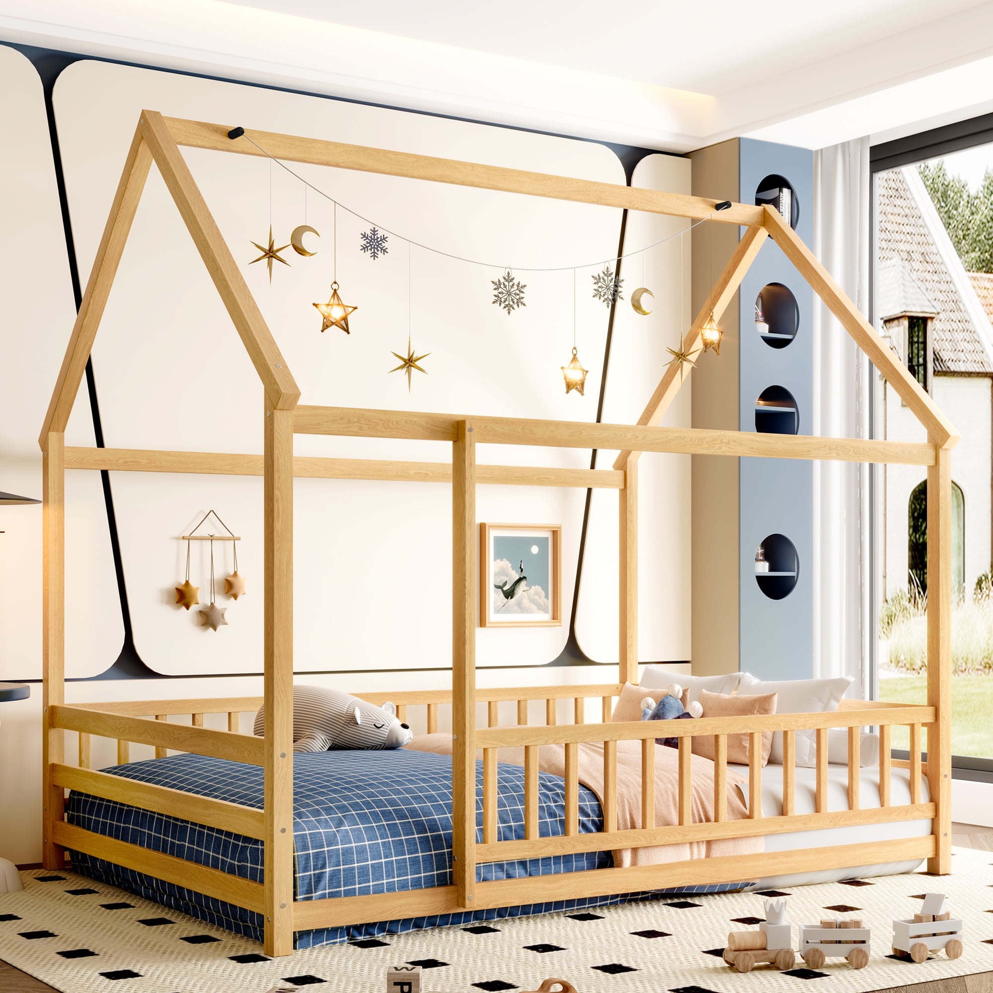 Floor Wooden Bed with House Roof Frame, Full Size Fence Guardrail Bed for Kids, Natural Pine Wood Children's Bedroom Furniture, Roof Design for DIY Decoration and Mosquito Net