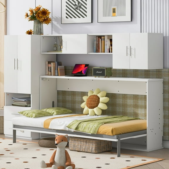 MODERNLUXE Twin Size Murphy Bed with Shelves and Drawers, Convertible Wall Bed with Cabinets and Wardrobe, White