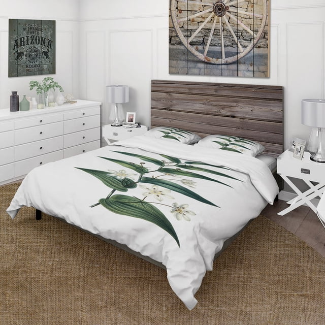 Designart 'Planta Vintage con Florecitas Blancas' Juego de Funda Nórdica de Granja
