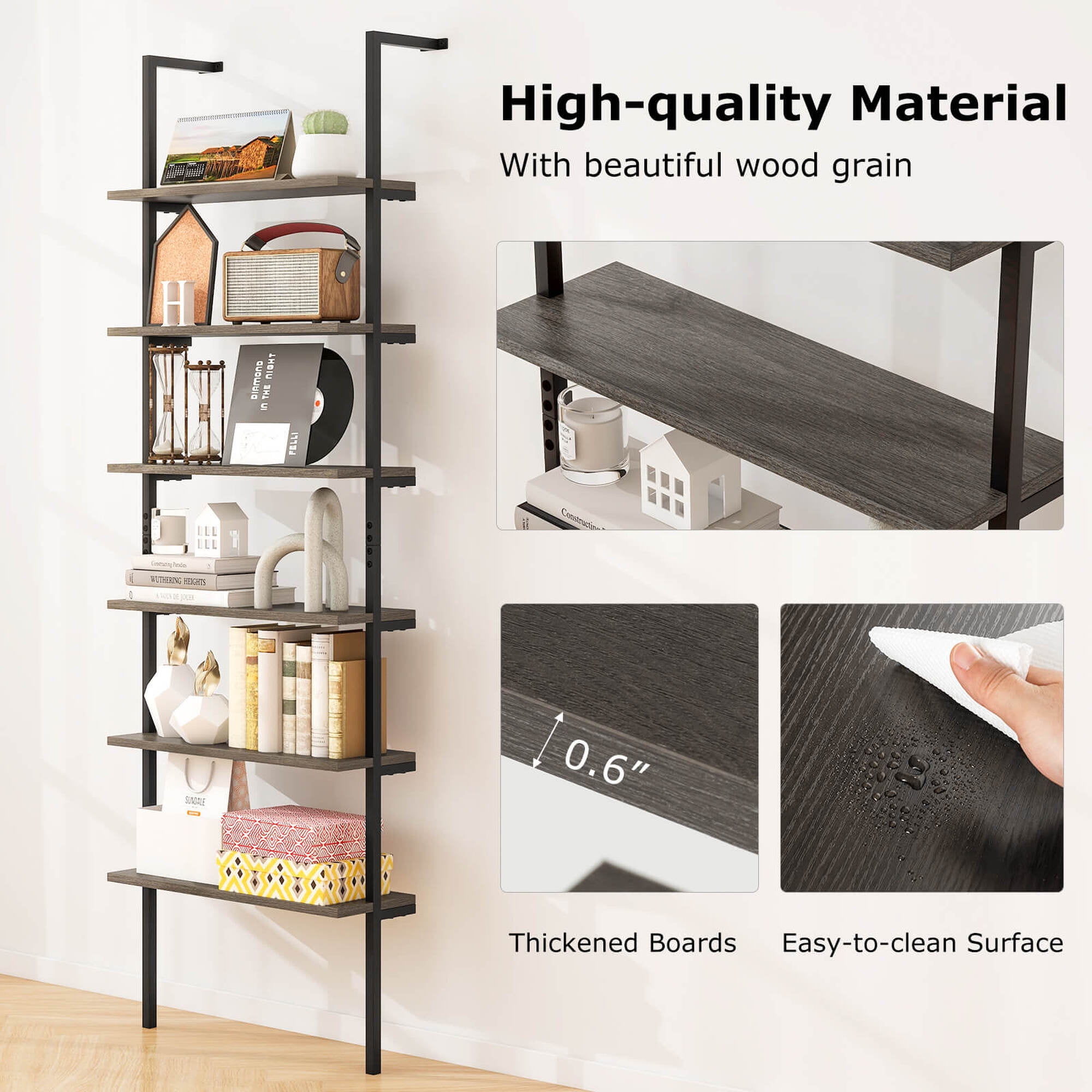 Costway 6-tier Ladder Shelf 72 Inches Industrial Wall Mounted Bookshelf Oak