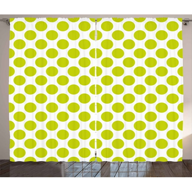 Lime Green Curtains 2 Panels Set, Nostalgic Polka Dots Style Large