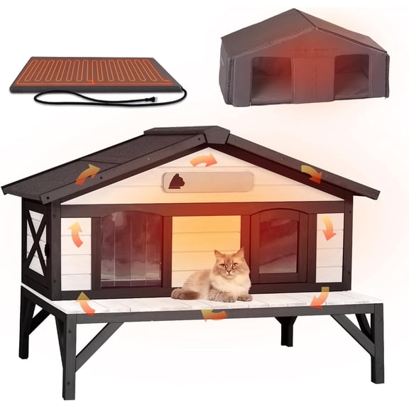 Aivituvin Heated Cat House for Outside Weatherproof Kitty Shelter with Heating Pad Insulated Liner Large Feral Cat Shelter with Escape Door Black