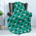 thumbnail image 4 of Blue and Pink Soft Flannel Fleece Throw Blanket, Graphic of Lotus Flowers and Leaves, Cozy Plush for Indoor and Outdoor Use, 70" x 90", Green Baby Pink, by Ambesonne, 4 of 5