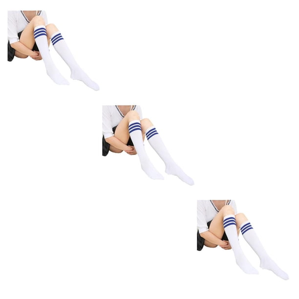 Minnieouse Rayas Muslo Calcetines altos Estilo simple Juegos deportivos Calentadores Día de San Valentín Mujeres Accesorios para el diario 3piezas raya azul blanca
