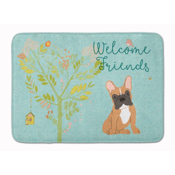 Carolines Treasures BB7633RUG Welcome Friends Fawn French Bulldog Machine Washable Memory Foam Mat 19 X 27" multicolor
