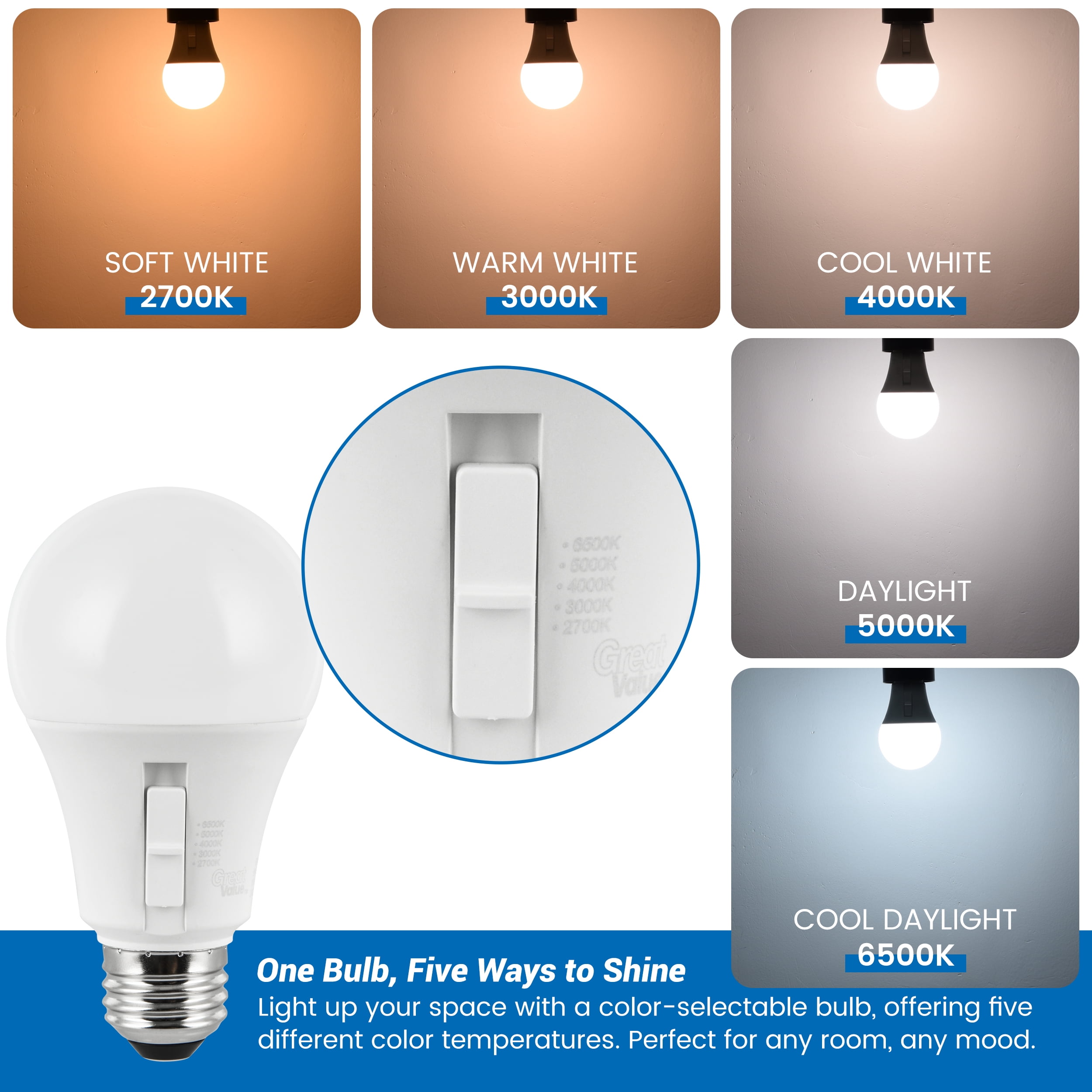 Great Value A19 LED Outdoor Radar Motion Sensor Bulb, Dusk to Dawn, 5 Selectable White Colors