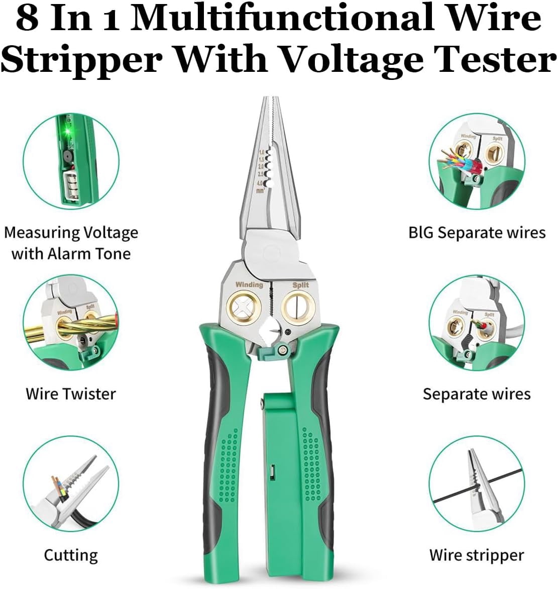 Voltmaster 8-In-1 Tool, Outdoorfun 8 In 1 Wire Stripper With Voltage Tester, 8-In-1 Heavy Duty Wire Stripper Pliers for Cutting and Pulling Wires Cable Scissors, Voltage Tester Pliers