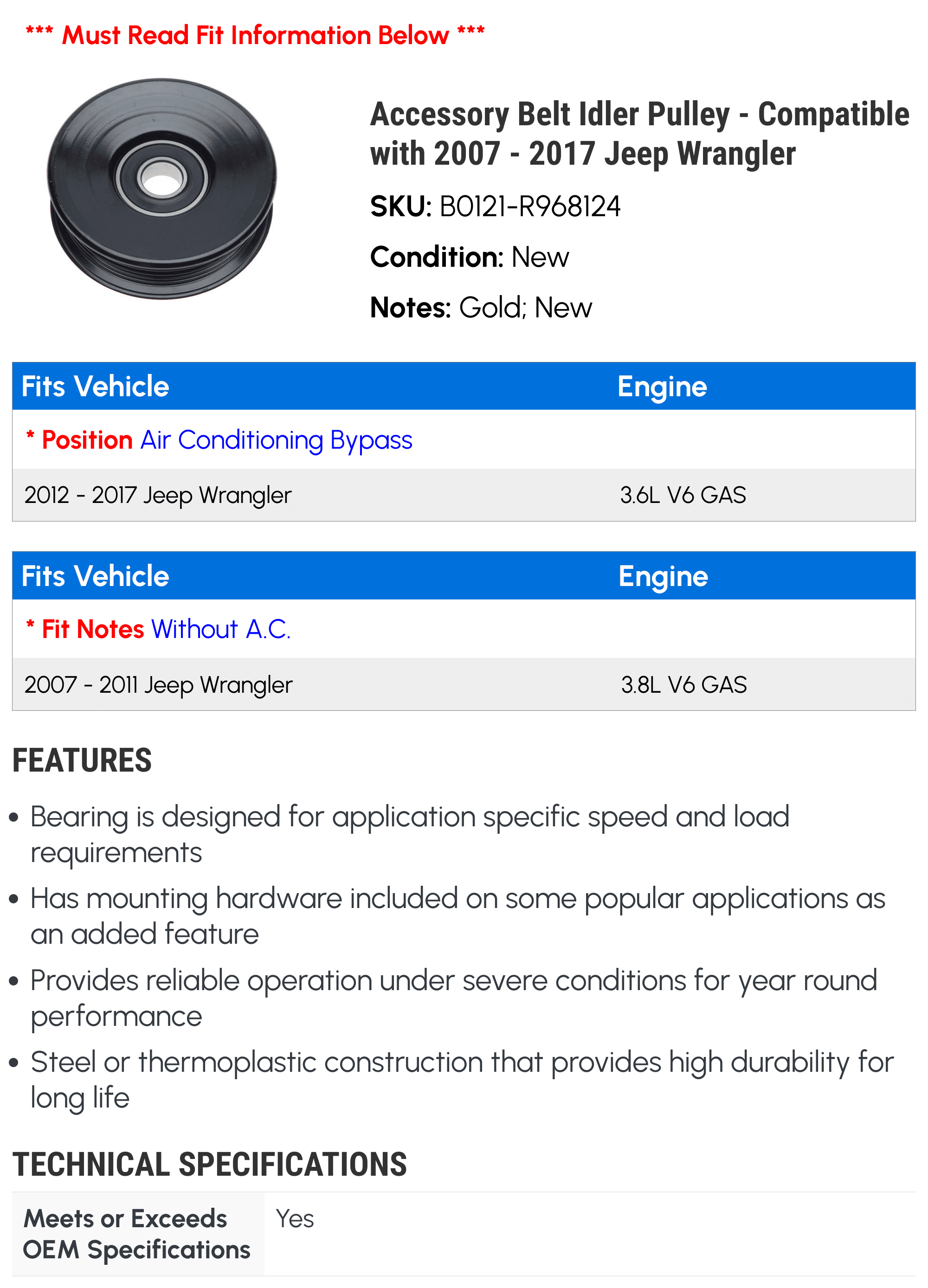 Accessory Belt Idler Pulley - Compatible with 2007 - 2017 Jeep Wrangler 2008 2009 2010 2011 2012 2013 2014 2015 2016