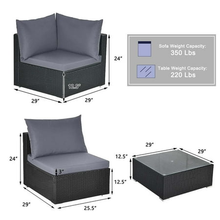 Costway 7 PCS Patio Rattan Sofa Set Sectional Conversation Furniture Set Garden Outdoor - Gray +Black
