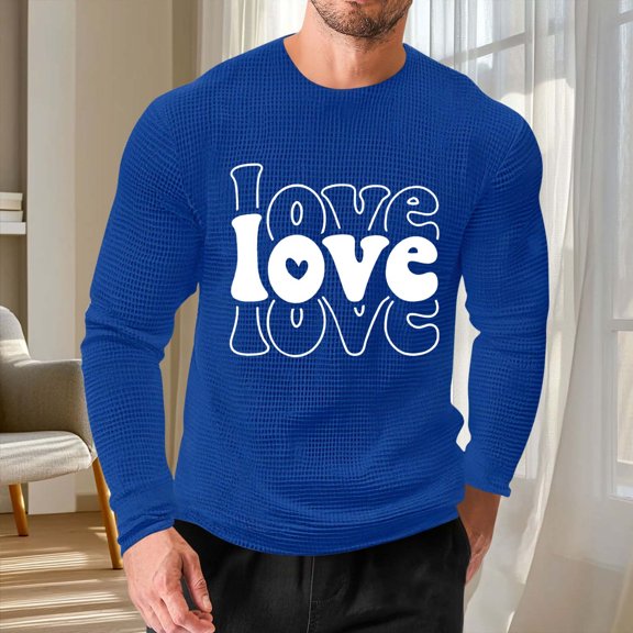 EchfiProm Mens Graphic Tees Valentine Shirts Navy Long Sleeve Crewneck Waffle Tops for Adult Love 2XL