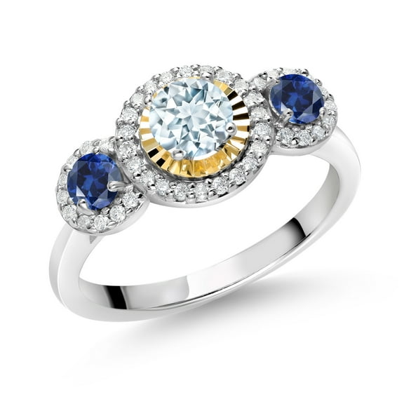 Gem Stone King 0.74 Ct Sky Blue Aquamarine Blue Created Sapphire 925 Silver and 10K Yellow Gold 3 Stone Women's Lab Grown Diamond Ring (Size 5)