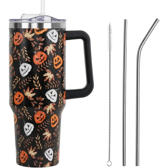 Halloween Tumbler with Lid and Straw 40oz,Jack-O''-Lantern Pumpkin Leaves Vacuum Insulated Leak Proof Tumbler,Fall Farmhouse Cute Gifts Women Girls,Thanksgiving Accessories Stainless Steel Coffee Cup