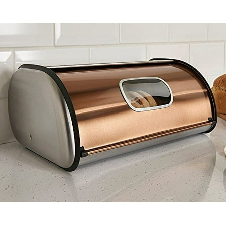 Bread Box Stainless Copper & Brushed Stainless Steel Bread Box - Roll Top 2 Loaf Capacity Bread Box W Window ()