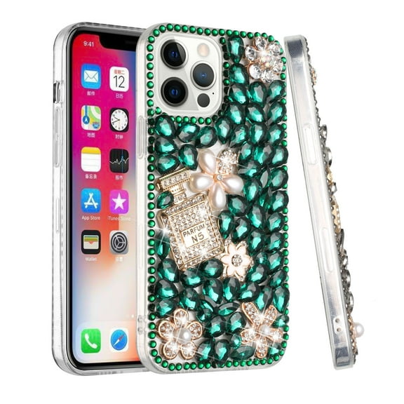 For Apple iPhone 14 Pro Max (6.7") Bling Crystal 3D Full Diamond Luxury Transparent Rhinestone Hybrid Cover ,Xpm Phone Case [ Green Pearl Flowers Perfume ]