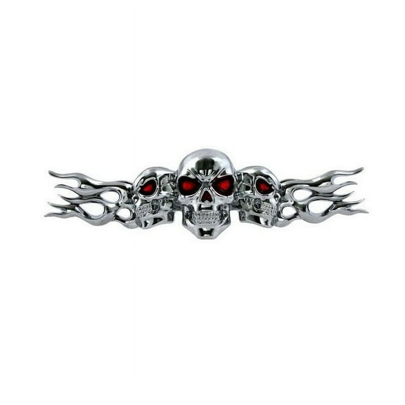 Emblem Badge Decal Sticker 3 Headed Skulls Red Eye Chrome ABS 3D 4-3/4" x 1-1/4"