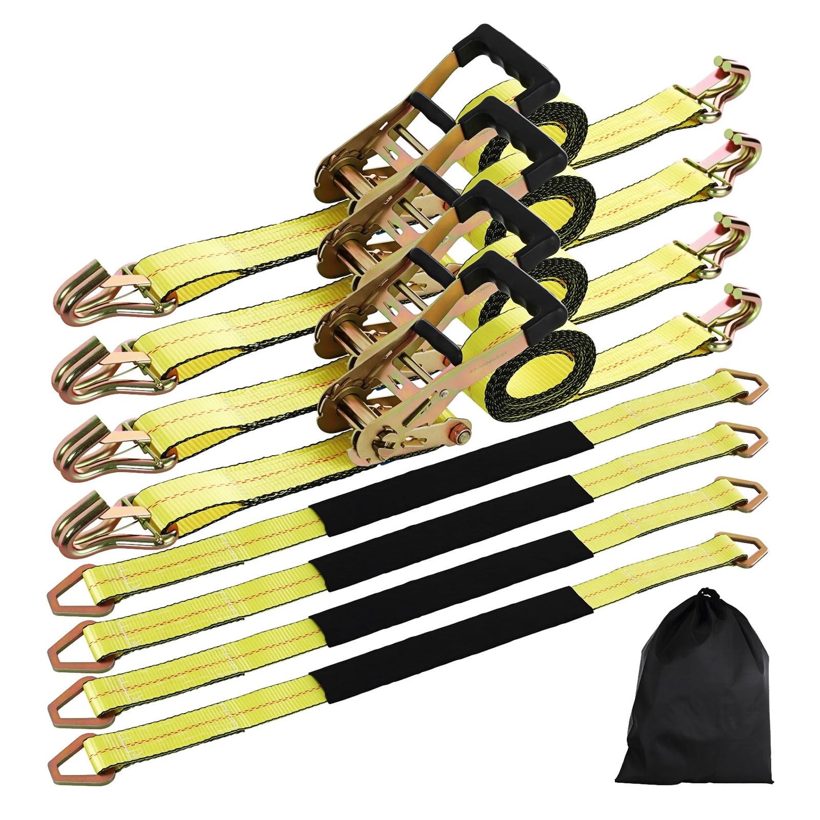 TLGREEN 4 Pack Wheel Straps + Axle Straps Kit for Trailers – 2” x 10’ Ratchet Straps with J Hooks & 36” Axle Straps, 10,000LB Break Strength, Non-Scratch Protection for Truck, SUV, ATV, UTV, Yellow