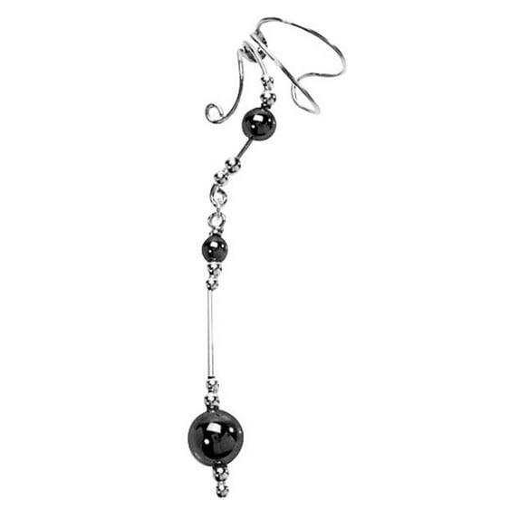 Sterling Silver Left Only Long Dangle Gray Hematite Sphere Ear Cuff Wrap