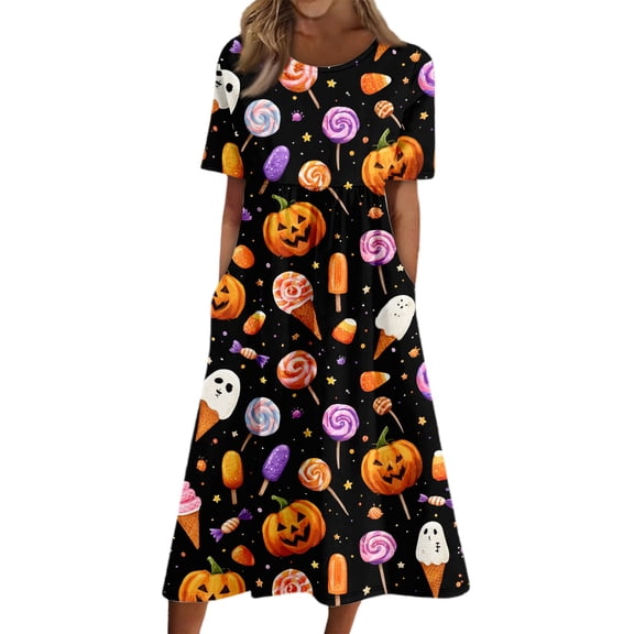 Women's Halloween Print Casual Dress, Short Sleeve V-Neck Style for Everyday Wear, Halloween Themed Fashion Dress for Ladies Black L