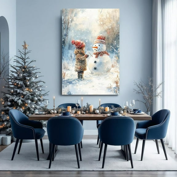 Child And Snowman Wall Art Whimsical Winter Poster Cozy Winter Decor Festive Poster Heartwarming Artwork Ready To Hang, Unframed Canvas Size 24x36