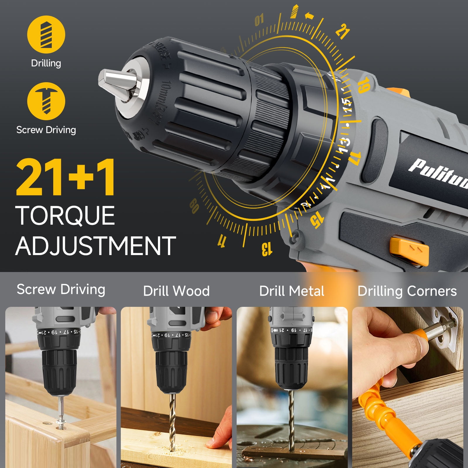 Pulituo 20V Cordless Drill Driver Kit, Home Tool Set with 20V Lithium-Ion Drill, 2pcs Battery, 120PCS All-Purpose Kit, 21+1 Torque, 2-Speed, DIY & Home Repairs Yellow