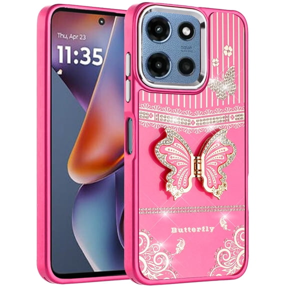 Phone Case for Motorola Moto G Play 5G 2026/ 5G 2025/ 5G2026 Glitter Bling Butterfly Stand Metallic Edge Hybrid Shockproof Grip Durable Camera Protection Stylish Design Cover Pink